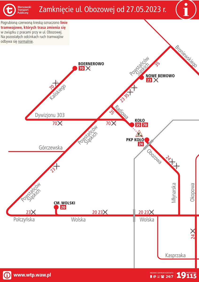 Ulica Obozowa zmiany kursowania linii tramwajowych Graf. WTP