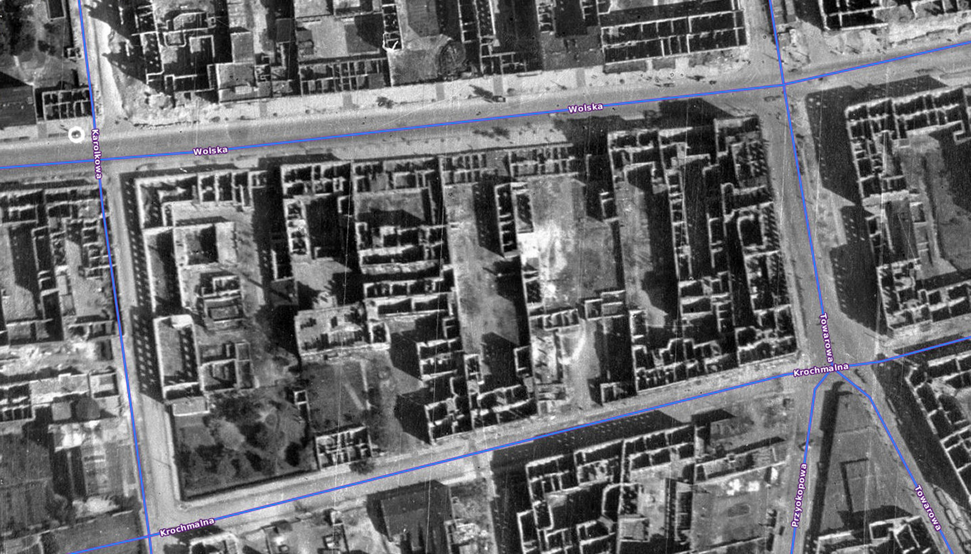 Rejon pomiędzy Wolską a Krochmalną w 1945 r. Fot. mapa.um.warszawa.pl