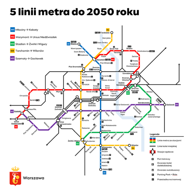 Masterplan - pięć linii metra do 2050 roku Graf. UM Warszaw
