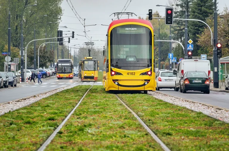 23.10.2023 WARS00ZAWA TRAMWAJE WARSZAWSKIE UL. OBOZOWA ROZCHODNIK NA TOROWISKU ZIELEN ROSLINNOSC EKOLOGIA  FOT. WOJCIECH SURDZIEL / wosu.pl